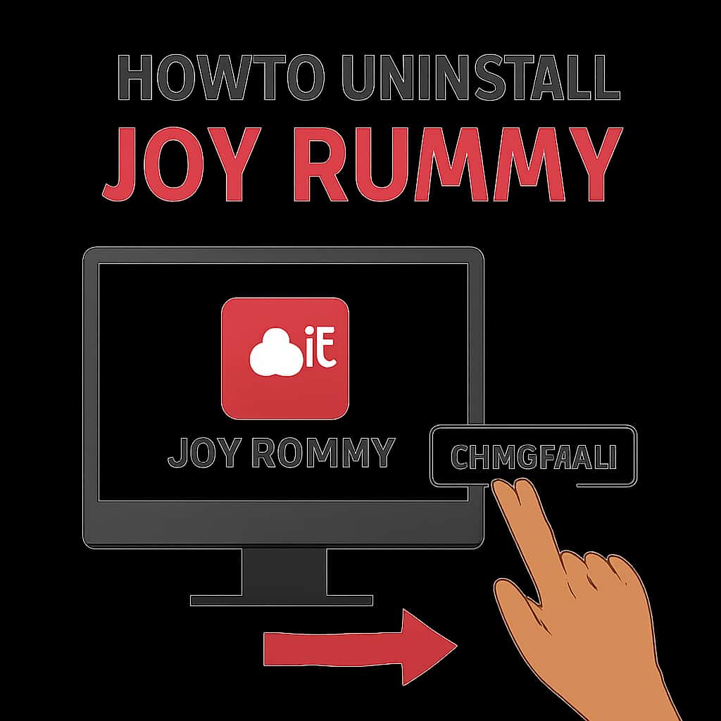 An instructional illustration depicting steps for uninstalling Joy Rummy.