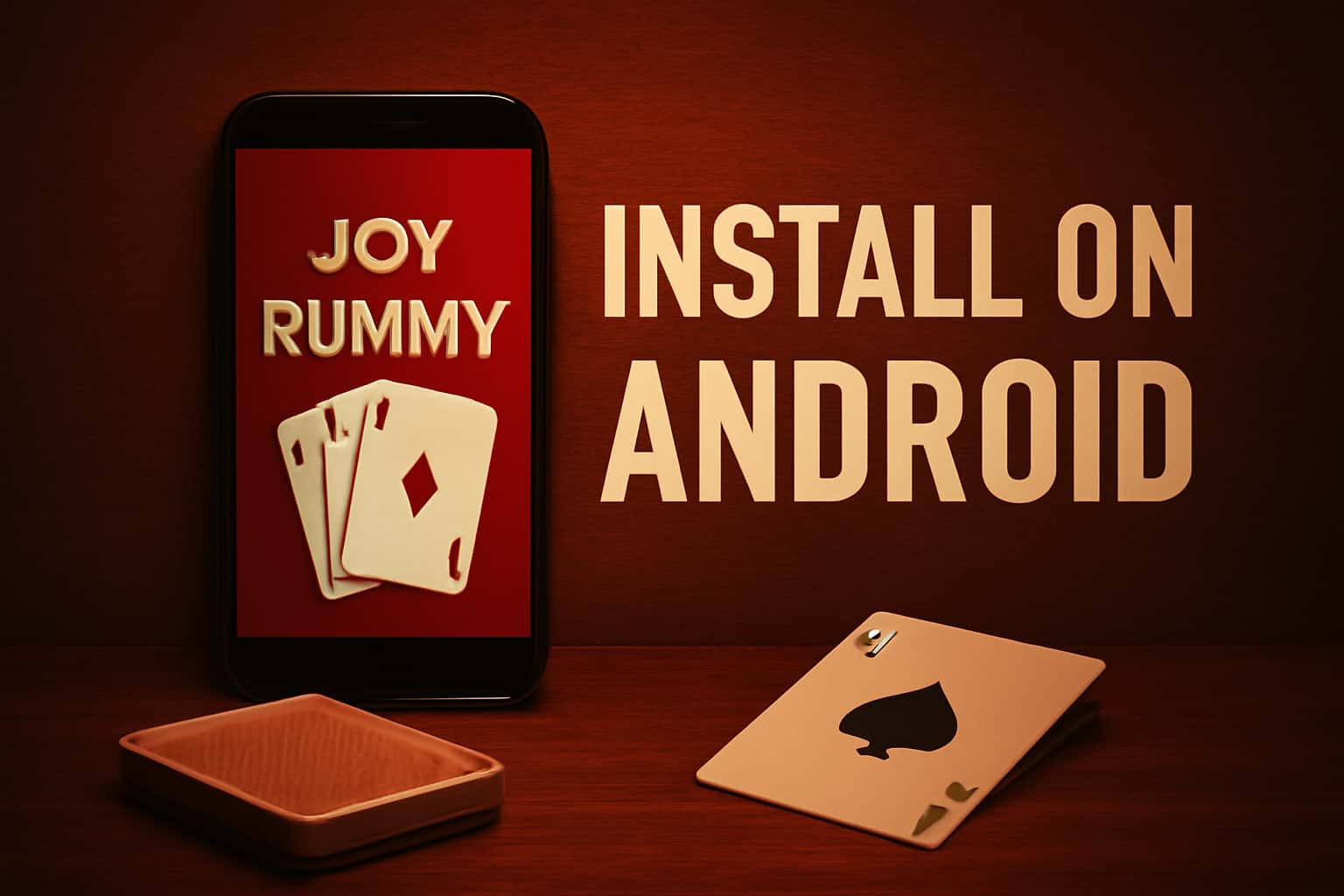 Informational scene illustrating the installation process of Joy Rummy on an Android device.