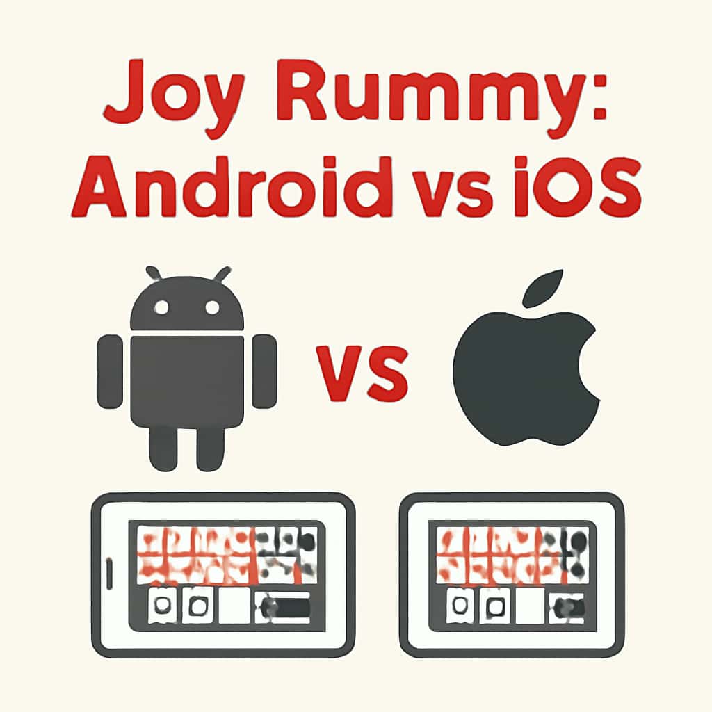 Illustration comparing Joy Rummy on Android and iOS devices.